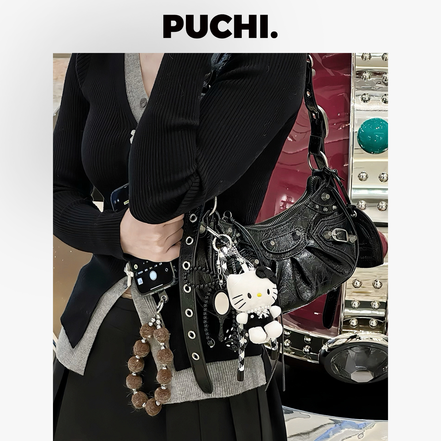 《C.Chic.经典黑白KITTY》手工可爱Kitty经典黑白毛绒挂件包挂