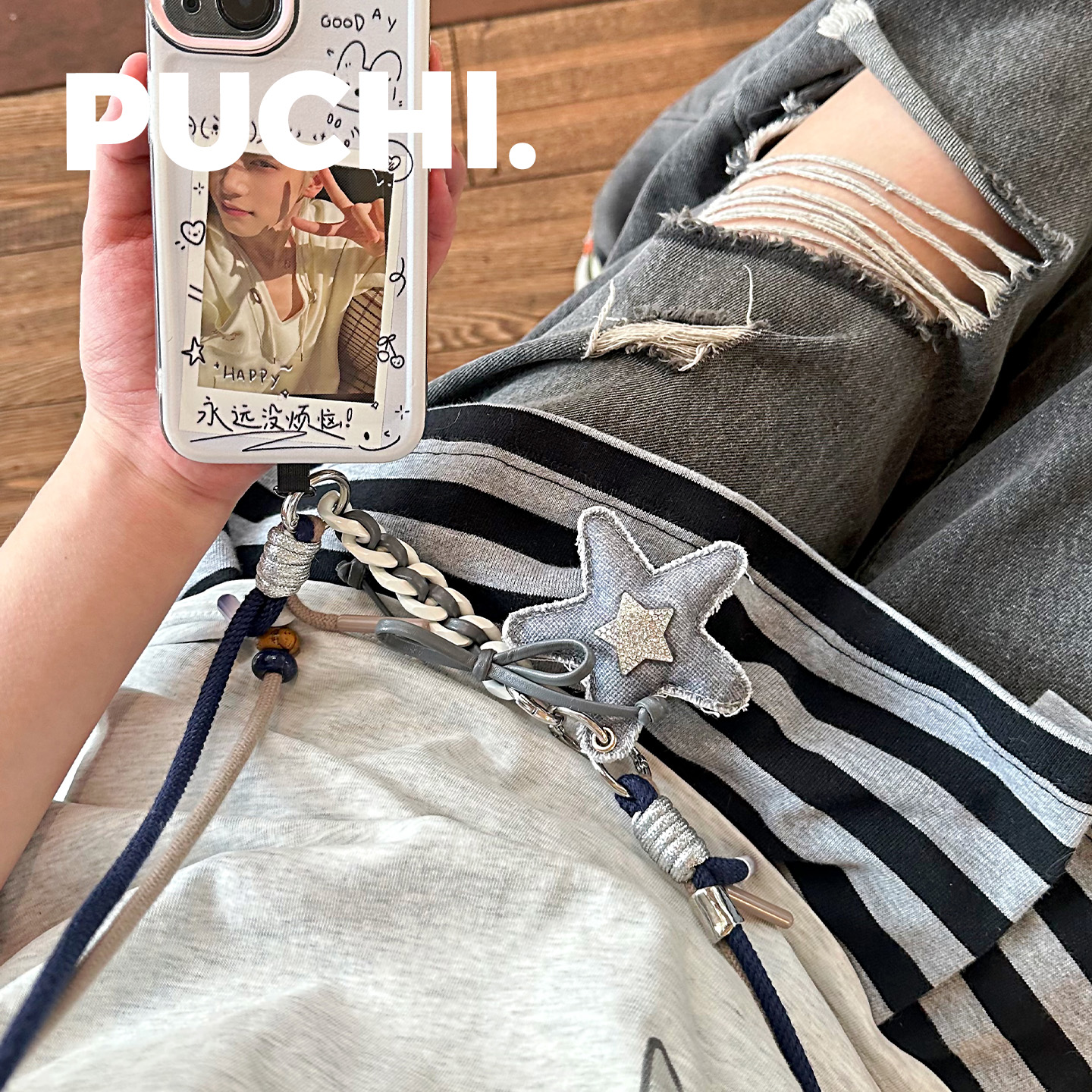 《ACC.星辰牛仔》牛仔蓝做旧手机斜挂长款ins风手工编织手机挂