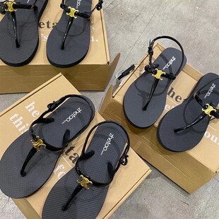 2024夏季新款女士凉鞋韩版x平底黑色纯色金属扣百搭款防滑休闲夹