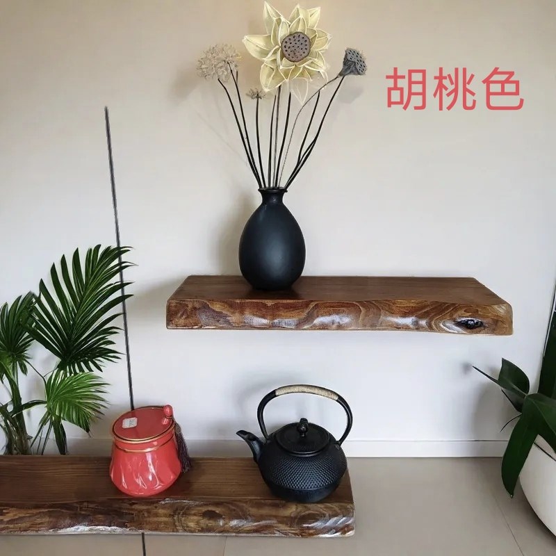 实木置物架胡桃色墙p板一字型墙体装饰板陈列架办公室书架