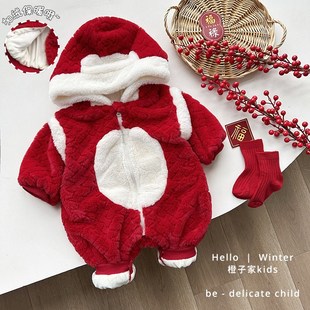 新生婴儿喜庆过年服秋q冬季洋气女宝宝加绒连体衣男童加厚保暖爬