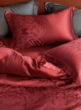 100支长绒棉婚庆提花结婚大红色四件套全棉1.5mS1.8米床上用品
