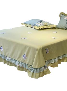 牀单单件10f0全棉绿色花边被单2023新款夏季公主风牀上用品