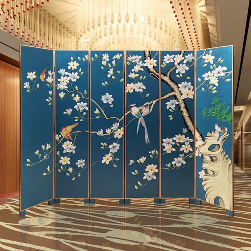 卧室花鸟画玄关屏风手绘客厅漆画移E动隔断遮挡折叠办公进门纯酒