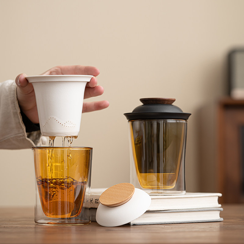 玻璃双层隔热泡茶杯陶瓷内胆茶水分离带盖过滤Q随手马克杯喝水杯