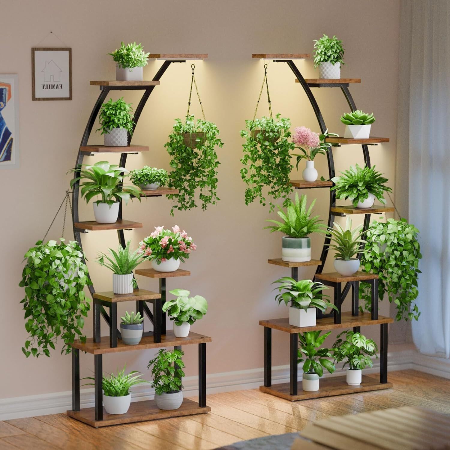 高级感花架带植物灯室内植物架多层阳台客厅田园落地式铁艺花盆架