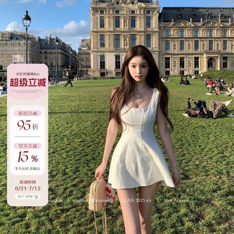 你的懒懒llan【bc天鹅系改良版】简约性感苎麻大U领吊带连衣裙女