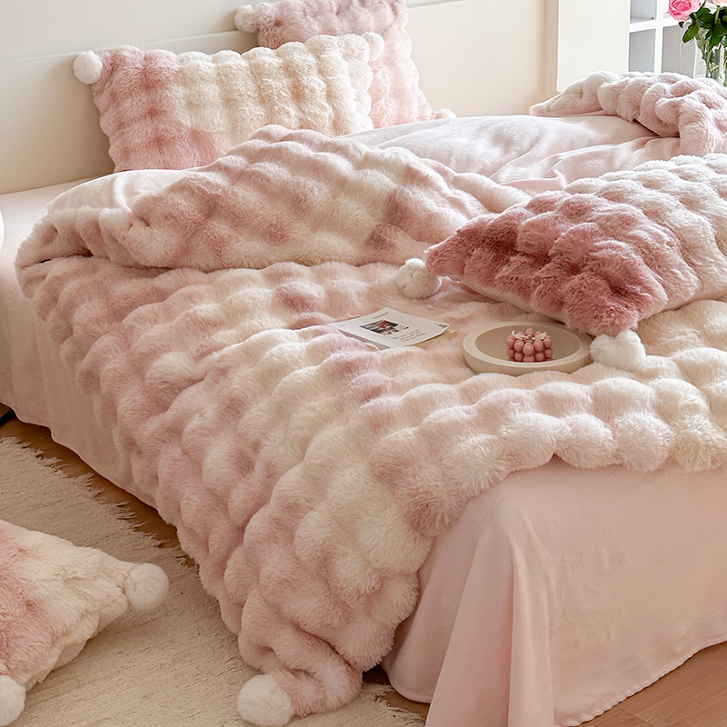 冬季加绒兔兔绒四件公主风面珊瑚绒渐层色被加厚床单
