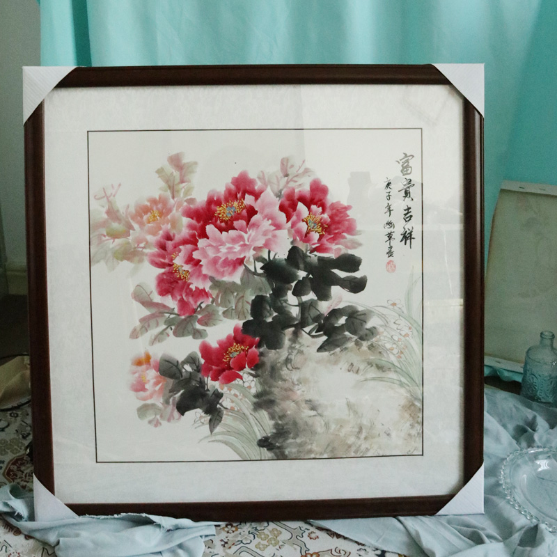 手绘国画花开富贵牡丹花图沙发背景画玄关客厅餐厅挂画中式装饰画