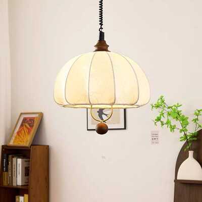 法式复古印花吊灯中古风可升降餐厅灯原木风布艺蘑菇吧台餐桌灯具