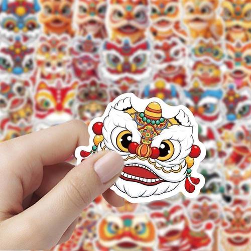 爆款国风醒狮可爱贴纸手账创意笔记本卡通新年防水装饰贴画手机