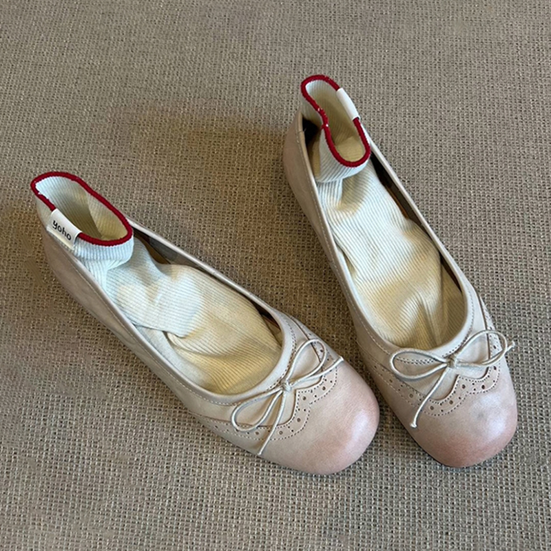 法式复古真皮雕花蝴蝶结浅口单鞋