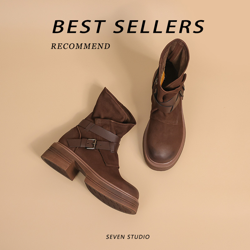 圆头侧拉链厚底马丁靴粗跟短靴