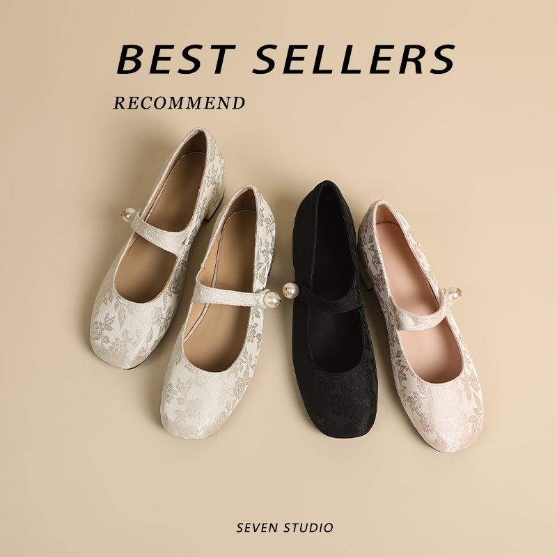 新中式国风玛丽珍鞋珍珠提花单鞋