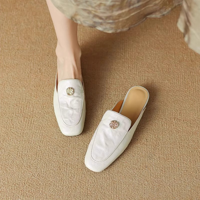 巨软真皮法式复古山茶花包头拖