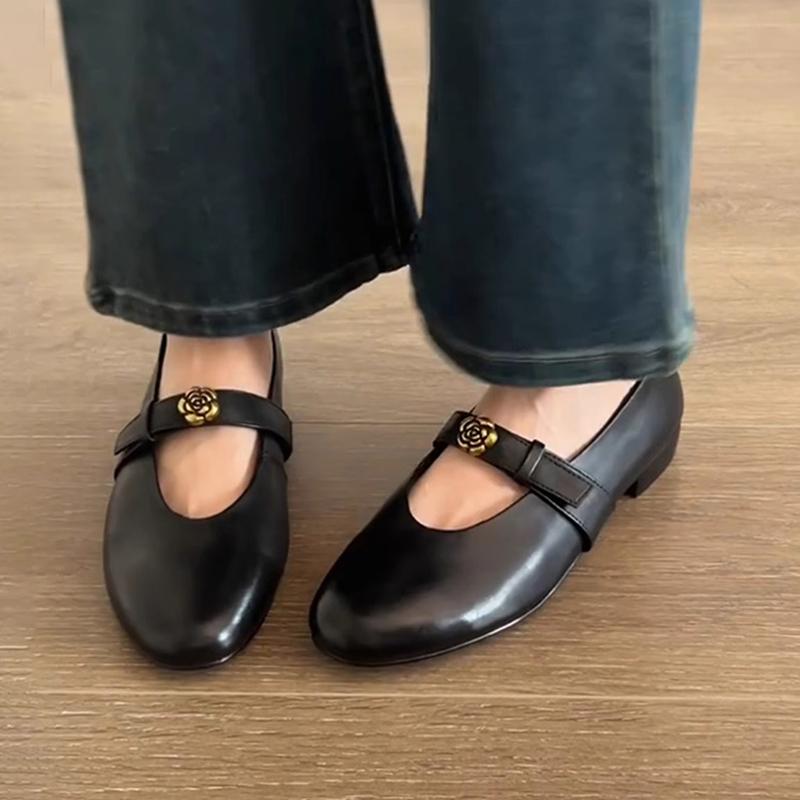 复古山茶花圆头小单鞋女