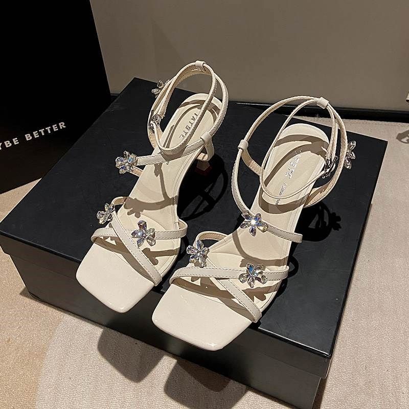 2025b夏季新款方头气质百搭交叉带花朵水钻细跟凉鞋一字带高跟鞋,女鞋,一字带凉鞋,淘宝优惠券,粉丝福利购,淘宝优惠卷