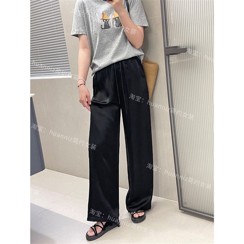 高质感光泽黑色醋酸阔腿裤女夏季薄款丝滑凉快缎面休.闲拖地长裤