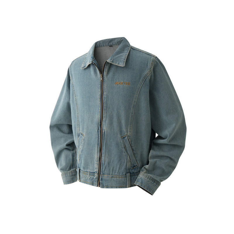 美式复古水洗做旧正肩短款牛仔外套男女高街拉链宽松刺绣修身夹克