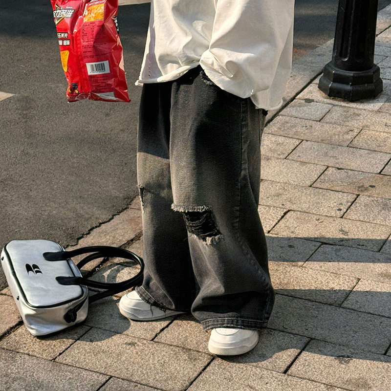 2025秋季新款男童黑色破洞牛仔裤韩版儿童宽松直筒男孩洋气长裤潮