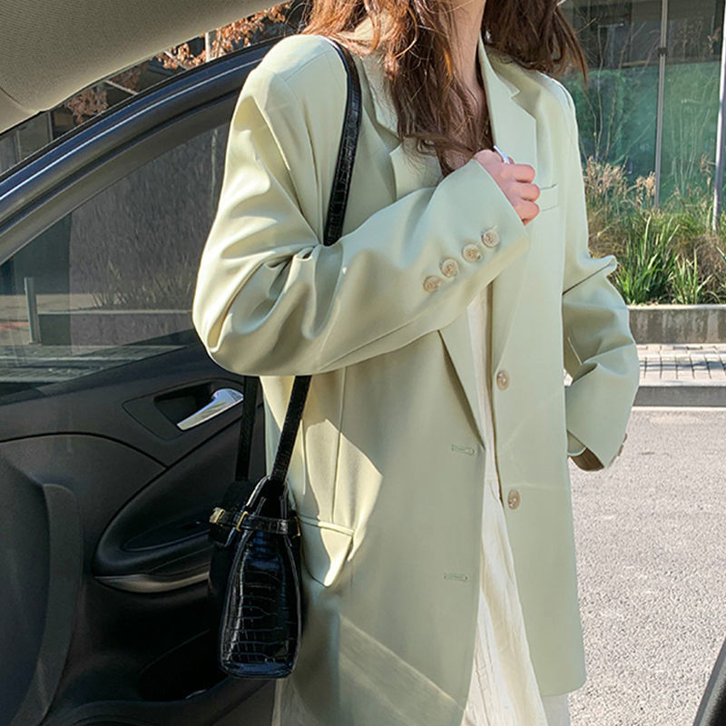 绿色西装外套女春秋新款韩版时尚宽松小个子休闲西服上衣