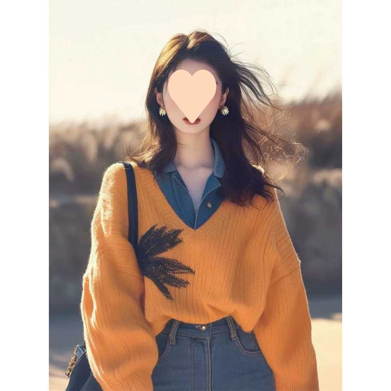 韩系复古印花假两件毛衣女款秋冬季外穿慵懒风针织衫时尚洋气上衣