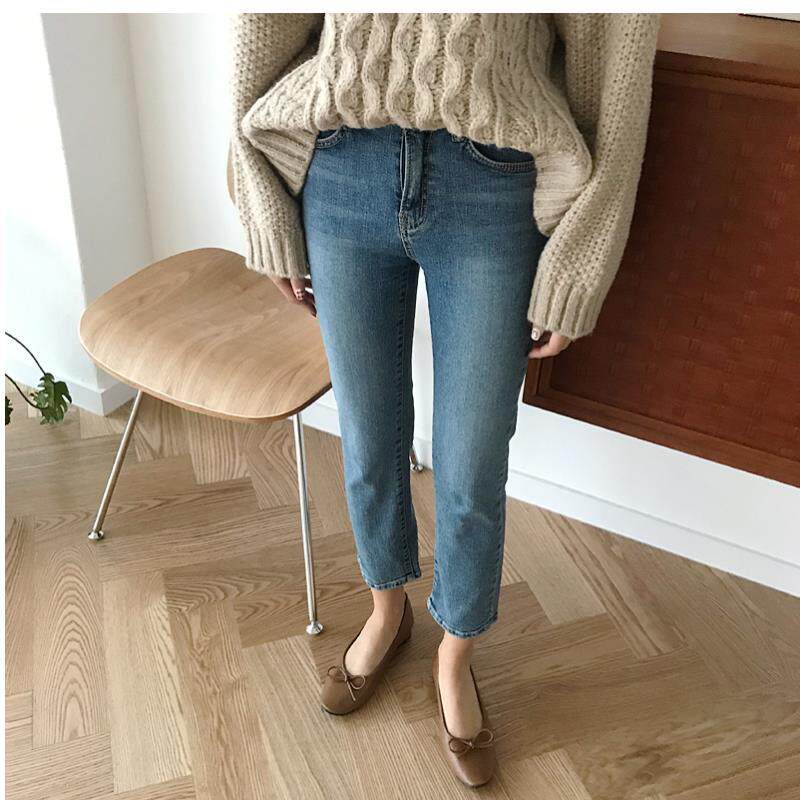复古蓝牛仔裤女高腰小脚裤韩版九分裤修身显瘦长裤潮流
