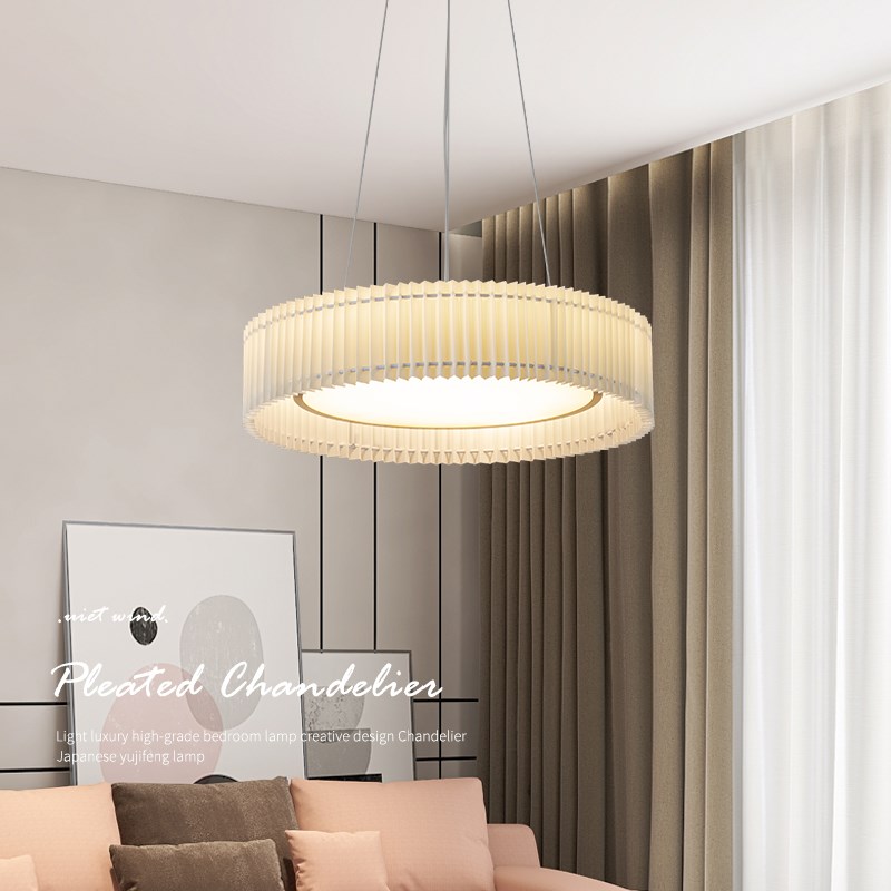 日式侘寂风卧室吊灯法式实木圆形吸顶灯J北欧书房主卧百褶餐厅灯