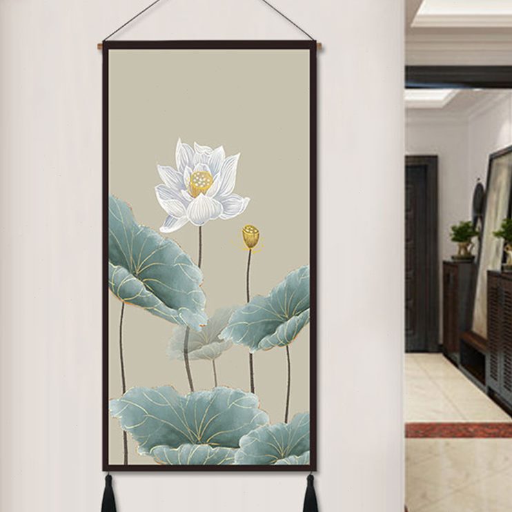 玄关装饰画荷花新中式布艺挂画现代客厅书房挂毯床头壁画竖中国风图片