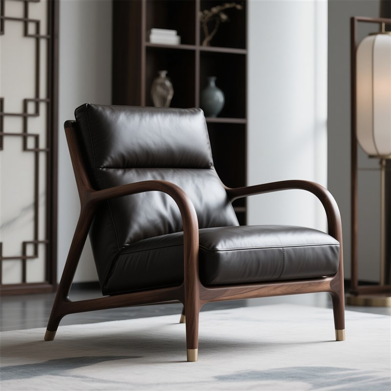 北美黑胡桃木实木椅n单人真皮沙发椅客厅简约高端新中式休闲椅家