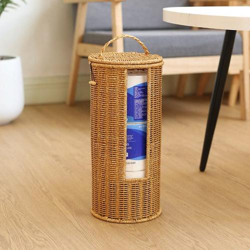 圆柱形收纳盒有盖仿藤编纸巾筒卫生间纸巾收纳酒店民宿毛巾筐创意