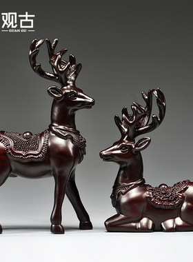 黑檀木雕梅花鹿摆件家居客厅实木麋鹿一对工艺品桌面摆设酒柜装饰