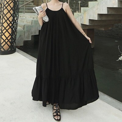 夏装新款连衣裙女中长款韩版宽松大码吊带荷叶边大摆长到裹脚裙子