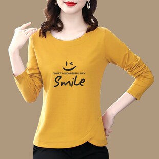 圆领纯棉长袖t恤上衣女大码2024新款春秋薄款妈妈洋气女式打底衫