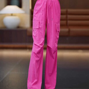 2024新款冰丝速干工装裤女款小个子夏天粉色休闲运动直筒舞蹈裤子