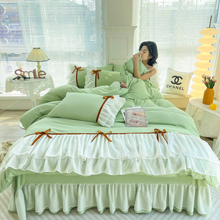 a类双层纱棉麻少女心蕾丝花边床单被套四季 公主风床上四件套韩式