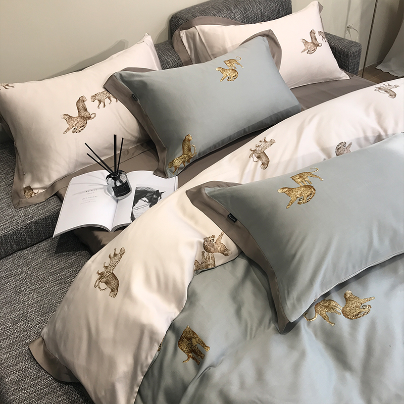 灰色支天丝四件欧式面冰丝滑夏季被床单裸睡床上用品