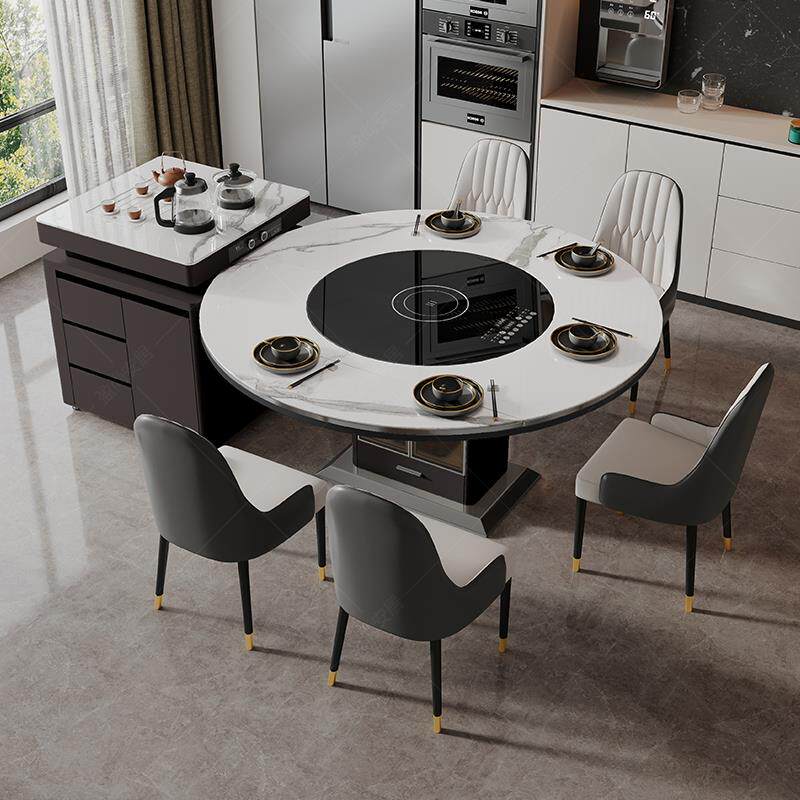 黑色岩板岛台餐桌茶桌一体家用轻奢多功能内嵌转盘电磁炉方圆两用