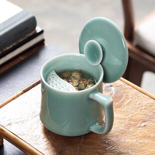 龙泉星艺月牙杯茶漏青瓷带盖子过滤茶杯家用水杯泡茶陶瓷办公杯会