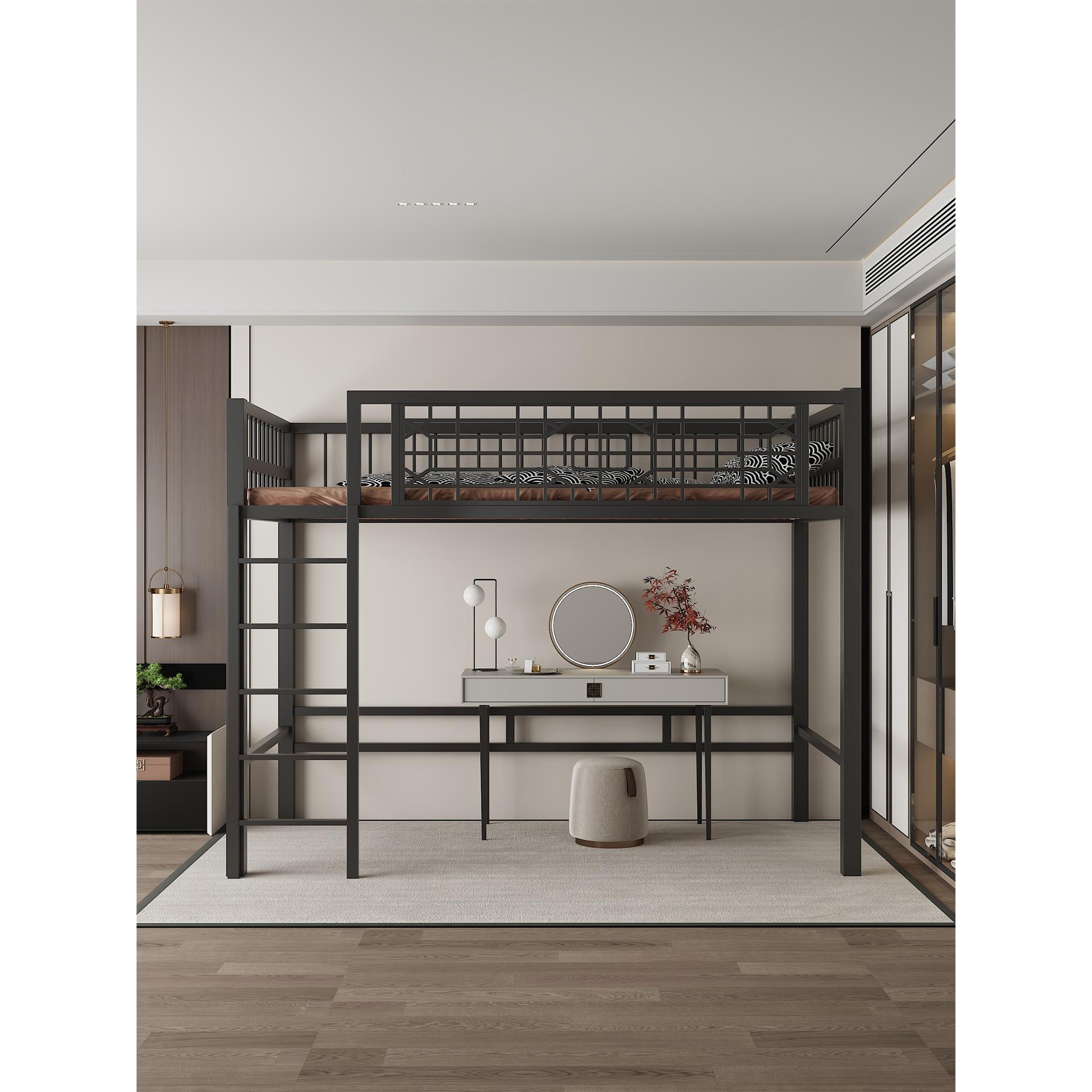 新中式铁艺床阁楼高架床爬梯省空间简约楼梯小户型公寓省空间定制