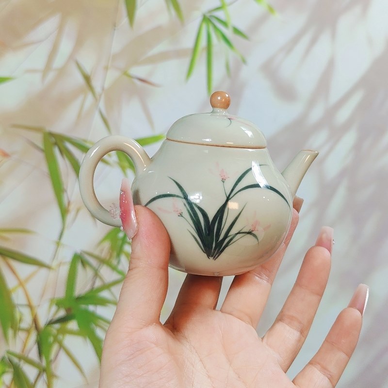 草木灰手绘墨兰小梨壶家用手工陶瓷小茶壶单壶单人功夫茶具泡茶壶