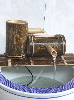 竹子流水庭院耐腐竹筒水循环加湿器水族竹制招财水景器