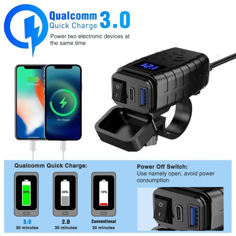 改装摩托车PD3.0+QC3.0手机充电器快充电压数显表支架带开关防水