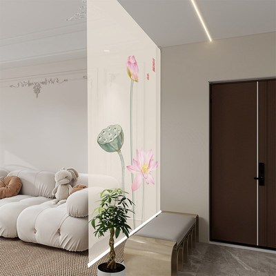 新中式入户玄关遮挡帘升降帘进门半帘家用客厅屏风帘子荷花装饰帘