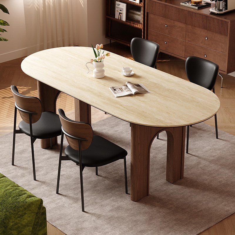 馨佰利洞石岩板餐桌椅组合中古风2025新款家用小户型椭圆实用饭桌