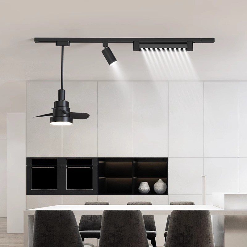 中古风餐厅吊灯创意可移动升降轨道复古胡桃木全光谱风扇餐桌吊灯