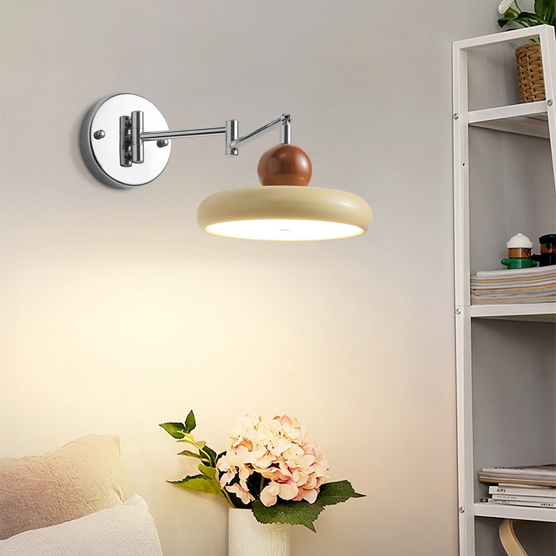 法式复古奶油风摇臂壁灯卧室床头灯免布线带插头中古可旋转长臂灯