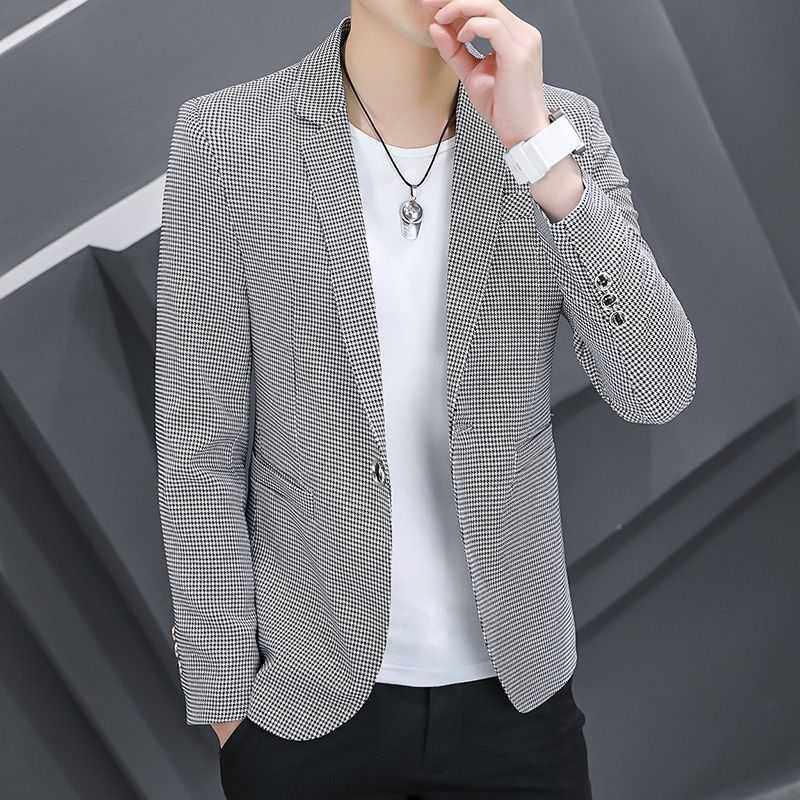 格子西服外套男春秋款韩版修身休闲夹克男潮流英伦风男士西装时尚