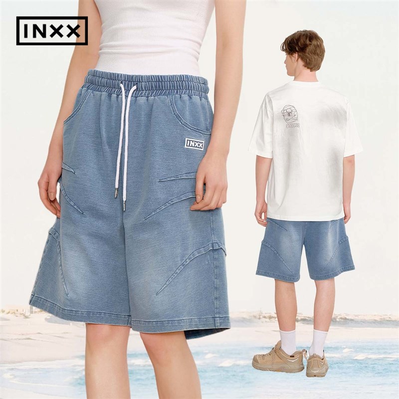 【INXX】街头风休闲仿牛仔短裤潮牌叠褶工艺阔腿直筒裤男女同款