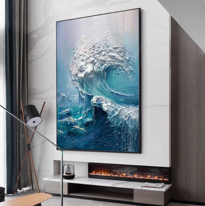 纯手绘油画立体肌理海浪胸怀大海新年玄关背景墙客厅餐厅装饰画